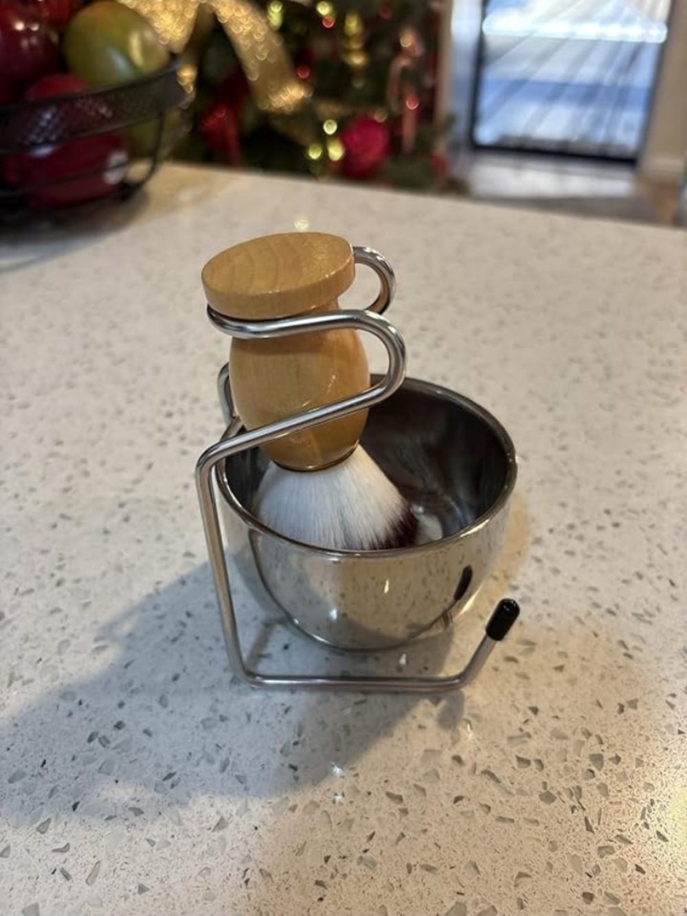 Stainless Steel Shaving Bowl with Light Wood Brush and Stand Fathers Day